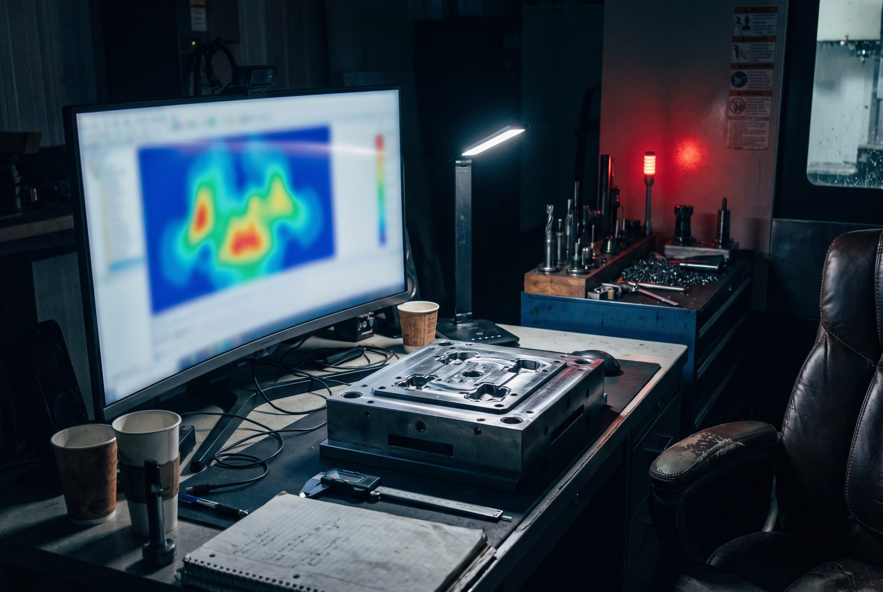 Moldflow simulation on a workstation beside a steel mold half